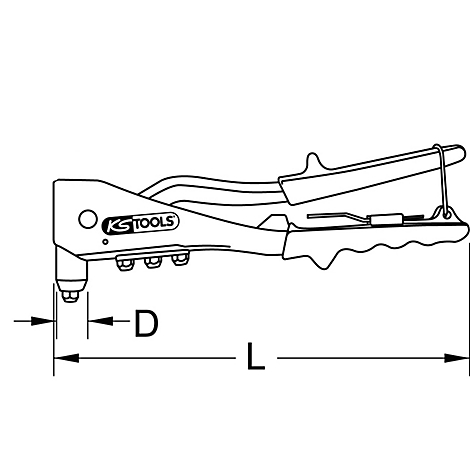 Ansicht eines Nietgeräts mit dem Logo "KS TOOLS", neben den Abmessungen D und L angegeben.